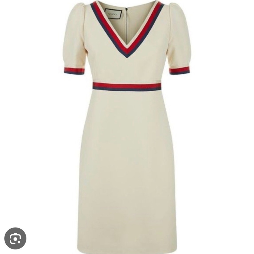 Gucci Cream Stretch Knit Mini Dress V-Neck Red Blue Web Stripe Size S